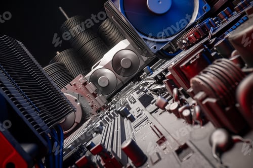 Preview: Spinning fans on motherboards with graphic card and processor.