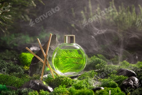 Preview: Aromatic fragrance diffuser on moss in dark hazy forest.