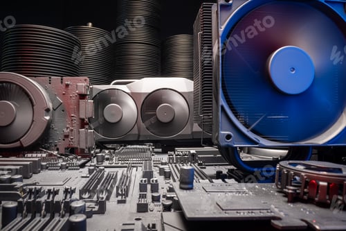 Preview: Inside a motherboards with graphic card and processor.
