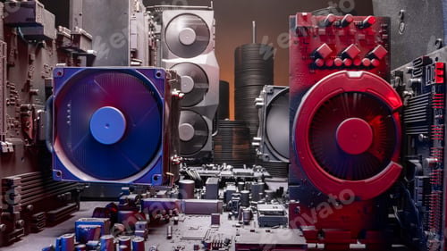 Preview: Closeup of motherboards with computer electronics parts and fans.