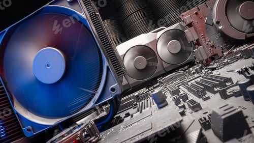 Preview: Detailed view of motherboards with graphic card and processor.