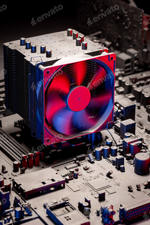 Preview: Spinning fans on motherboards with CPU and GPU and heatsink.