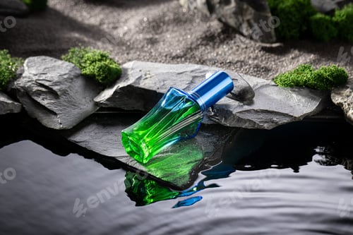 Preview: Modern green perfume in the dark desert by the water.