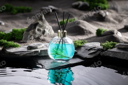 Preview: Aromatic fragrance diffuser on black stones illuminated by moonlight.