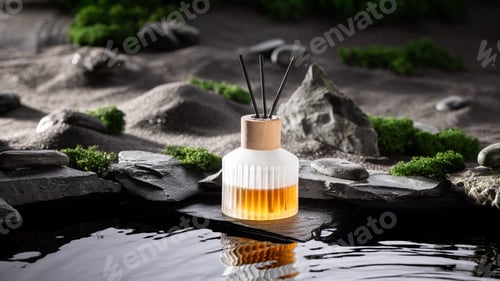 Preview: Aromatic fragrance diffuser reflecting in the water surrounded by stones.