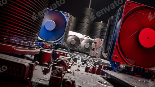 Preview: Inside a motherboards with heatsink. fans and graphics card.