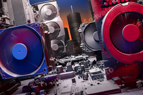 Preview: Spinning fans on motherboards with large cooling radiator and fans.