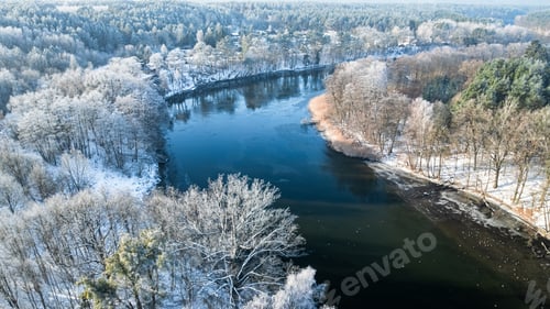 Preview: Frozen forest, rime and river in early winter, Poland.