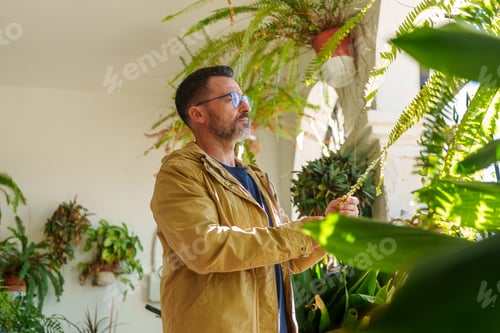 Preview: Man gardening on his patio, examining green foliage. Focusing on plant care, sustainability, and a t