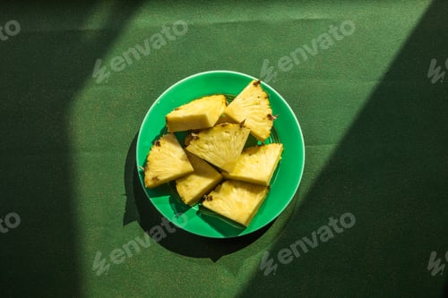 Preview: Fresh pineapple slices on plate with whole pineapples showing sweet golden flesh and natural texture