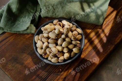 Preview: Roasted unpeeled salted pistachios nuts in plate on table