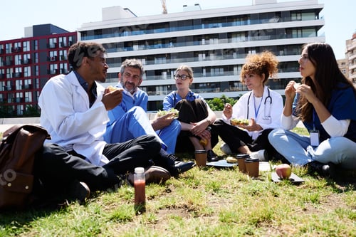 Preview: Medical team enjoying healthy lunch break outdoors