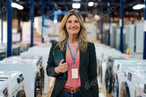 Preview: Senior businesswoman smiling in appliance warehouse