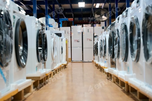 Preview: New household appliances displayed in department store aisle