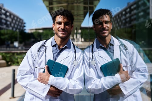 Preview: Confident young doctor holding tablet standing outdoors