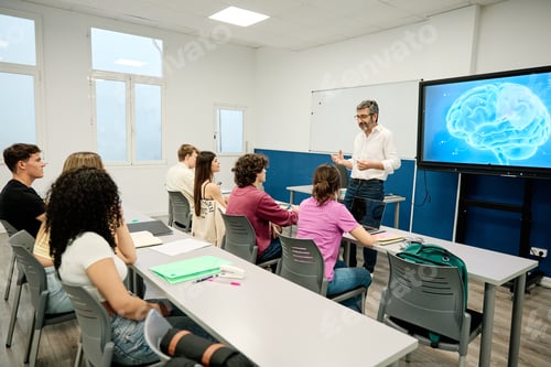 Preview: Professor lecturing students about brain neuroscience in modern classroom