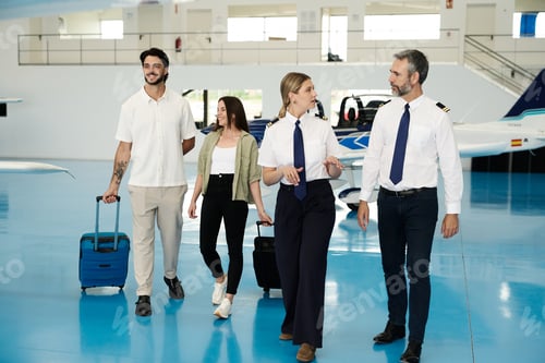 Preview: Pilots and passengers walking through airport hangar