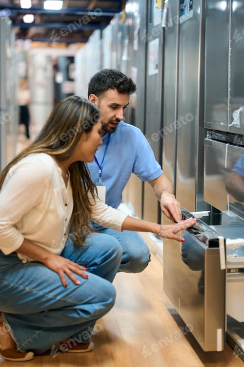 Preview: Sales assistant helping woman choosing refrigerator in appliance store