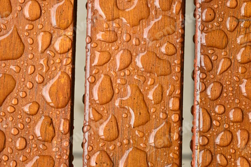 Preview: Close-up of rain droplets on a wet wooden table surface