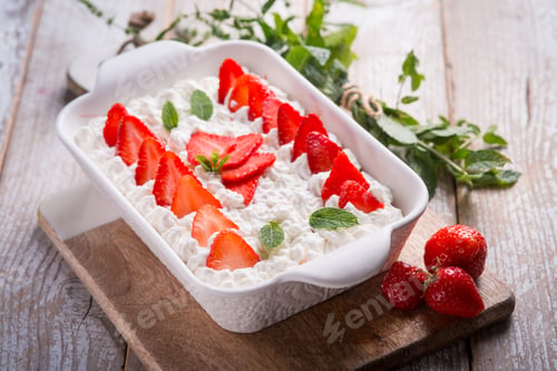 Preview: Fresh Strawberry and Cream Dessert in a White Ceramic Dish