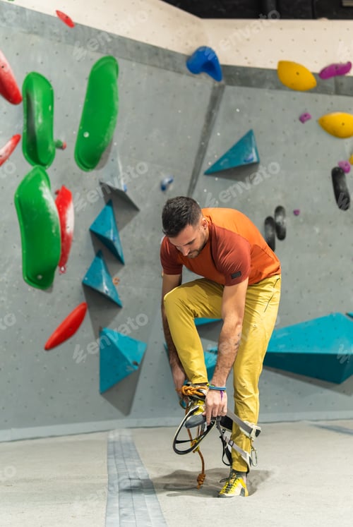 Preview: Man preparing climbing gear for indoor bouldering