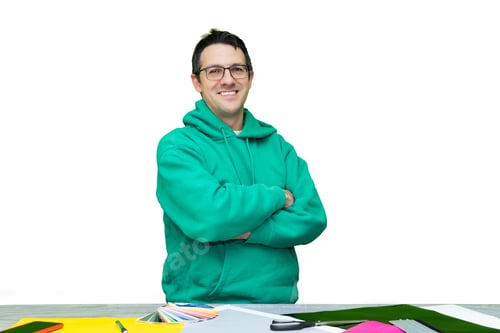Preview: Smiling man creating design with color swatches