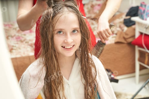 Preview: Mother dry daughter hair. Home activity. New normal. Barber equipment