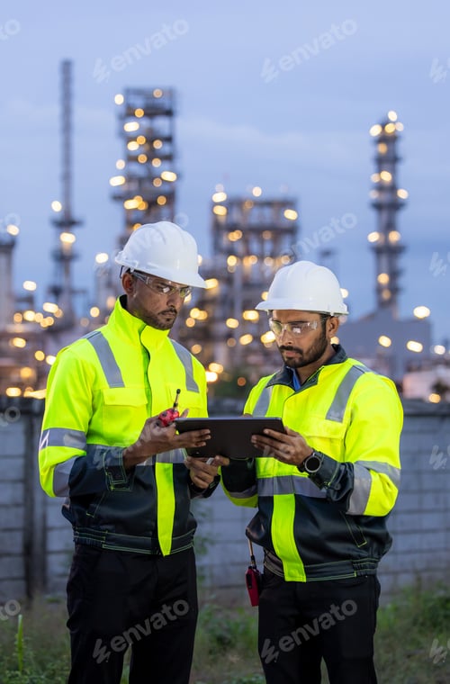 Vista previa: Dos ingenieros asiáticos de pie frente a una refinería de petróleo por la noche, un ingeniero petroquímico asiático trabaja