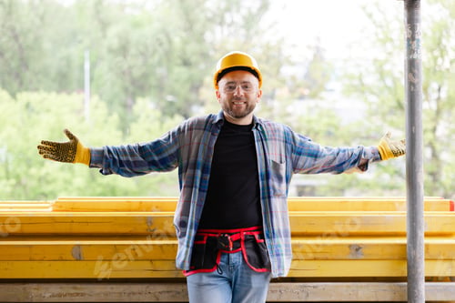 Preview: Happy construction worker showing welcome gesture