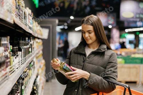 Preview: Woman choosing products from a supermarket shelf