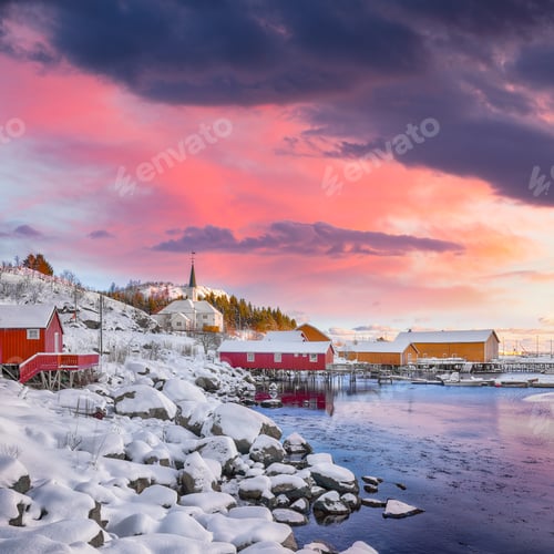 Preview: Outstanding winter scenery of Moskenes village with ferryport and famous Moskenes parish Church.