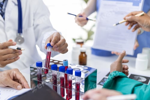 Preview: Medical team meeting analyzing blood test results in hospital laboratory. Doctors and scientists in