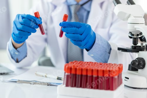 Preview: Scientist analyzing blood sample using microscope in laboratory. Scientist in gloves examines a bloo
