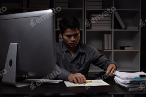 Preview: Business people working on paperwork and working overtime in the office. Businessman working with fi