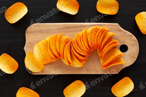 Preview: Crispy Paprika Flavoured Potato Chips on a Wooden Board, top view.