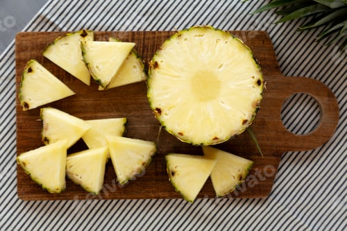 Preview: Organic Pineapple Wedges Freshly Sliced on a Cutting Board, top view.