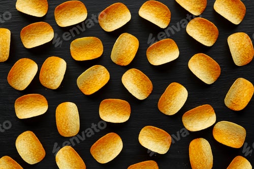 Preview: Crispy Paprika Flavoured Potato Chips on a Black Background, top view.