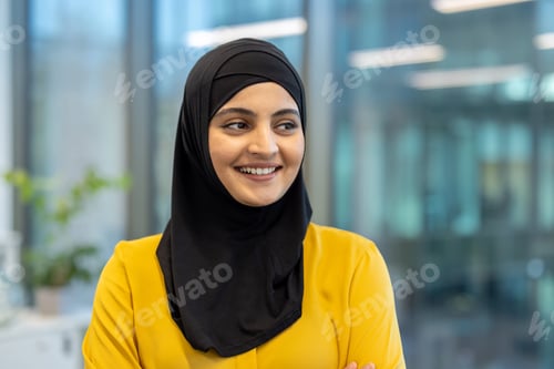 Preview: Smiling muslim businesswoman wearing hijab in modern office
