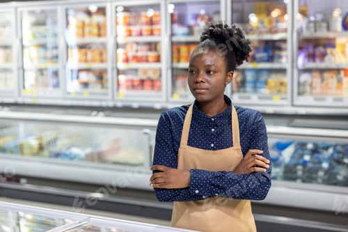 Preview: African woman worker standing with crossed arms in grocery store