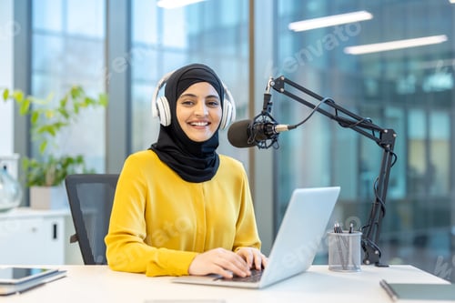 Preview: Muslim woman in hijab podcasting, broadcasting, creating content