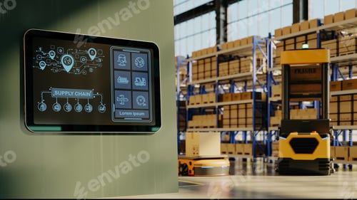 Preview: Smart warehouse logistics concept with autonomous robots agv and futuristic supply chain dashboard