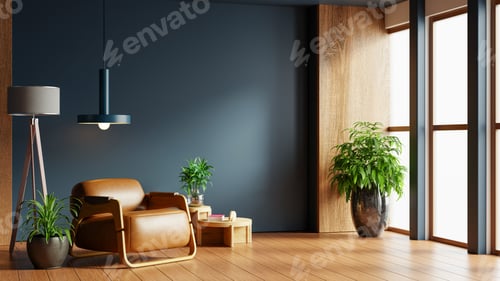 Preview: Modern living room interior design with brown leather armchair, green plants, and blank dark blue