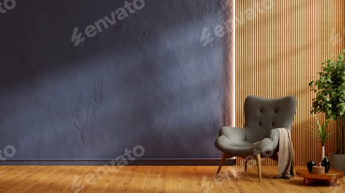 Preview: Modern minimalist living room interior with grey armchair against dark textured wall and wooden slat