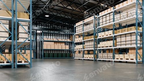Preview: Large industrial warehouse interior with empty concrete floor and metal pallet racks filled