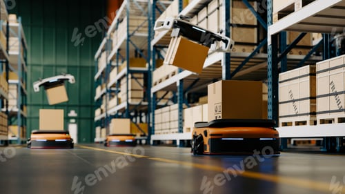 Preview: Futuristic smart warehouse logistics automation with AGV robots and drones delivering cardboard boxe