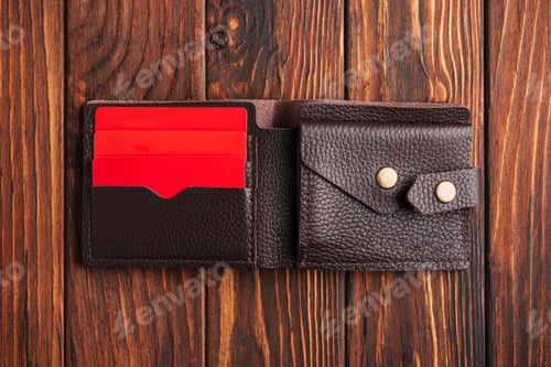 Preview: Leather Wallet with Red Bank Cards on Dark Wooden Background