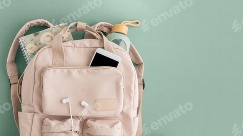 Preview: Backpack with notebook, phone, bottle, and earphones on green background
