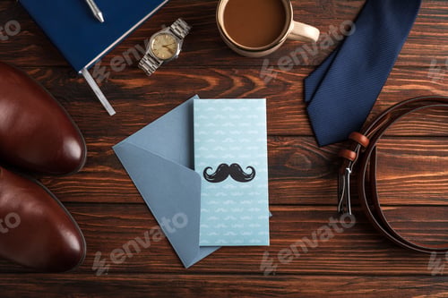 Preview: Father's Day concept with mustache greeting card, coffee, and men's accessories