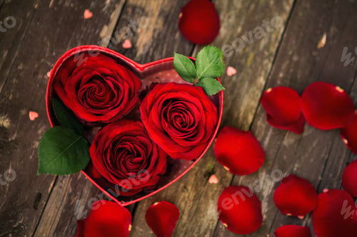 Preview: Background With Red Roses Over Wooden Table