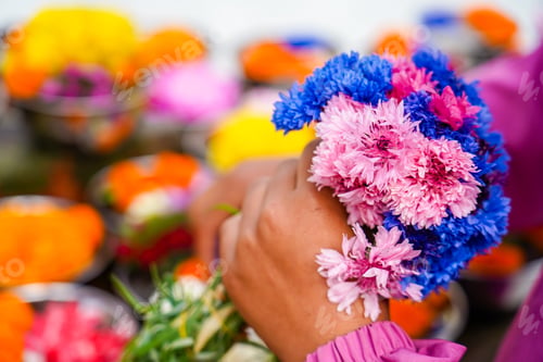 Preview: Closeup view of decoration flower on pot at Boudhanath Stupa, Nepal